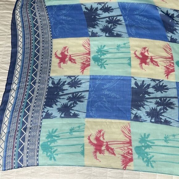 kensie Blue Pink Green White Sheer Square Patch Tropical Print Square Scarf Wrap - Picture 6 of 10